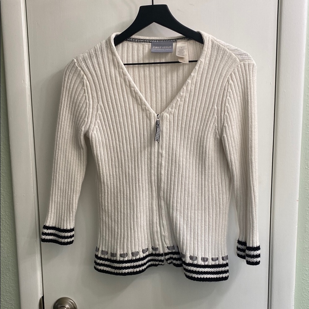 Vintage White and Black Ribbed Cardigan Sweater Ribbon Detail